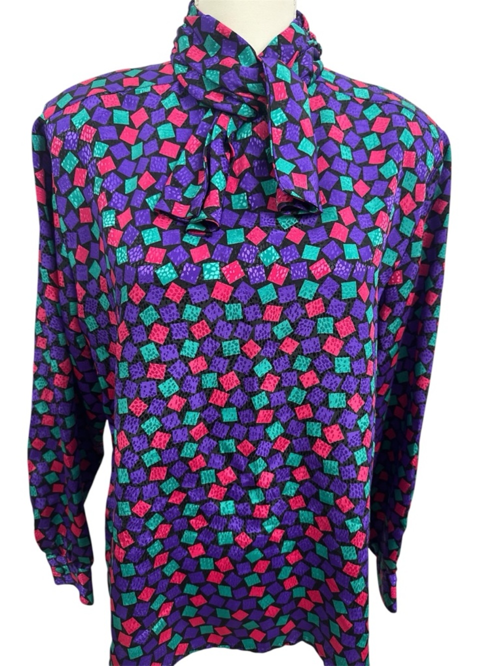 Vintage 80s Worthington  satin Geometric Tie-Neck Blouse - Purple, Teal & Pink